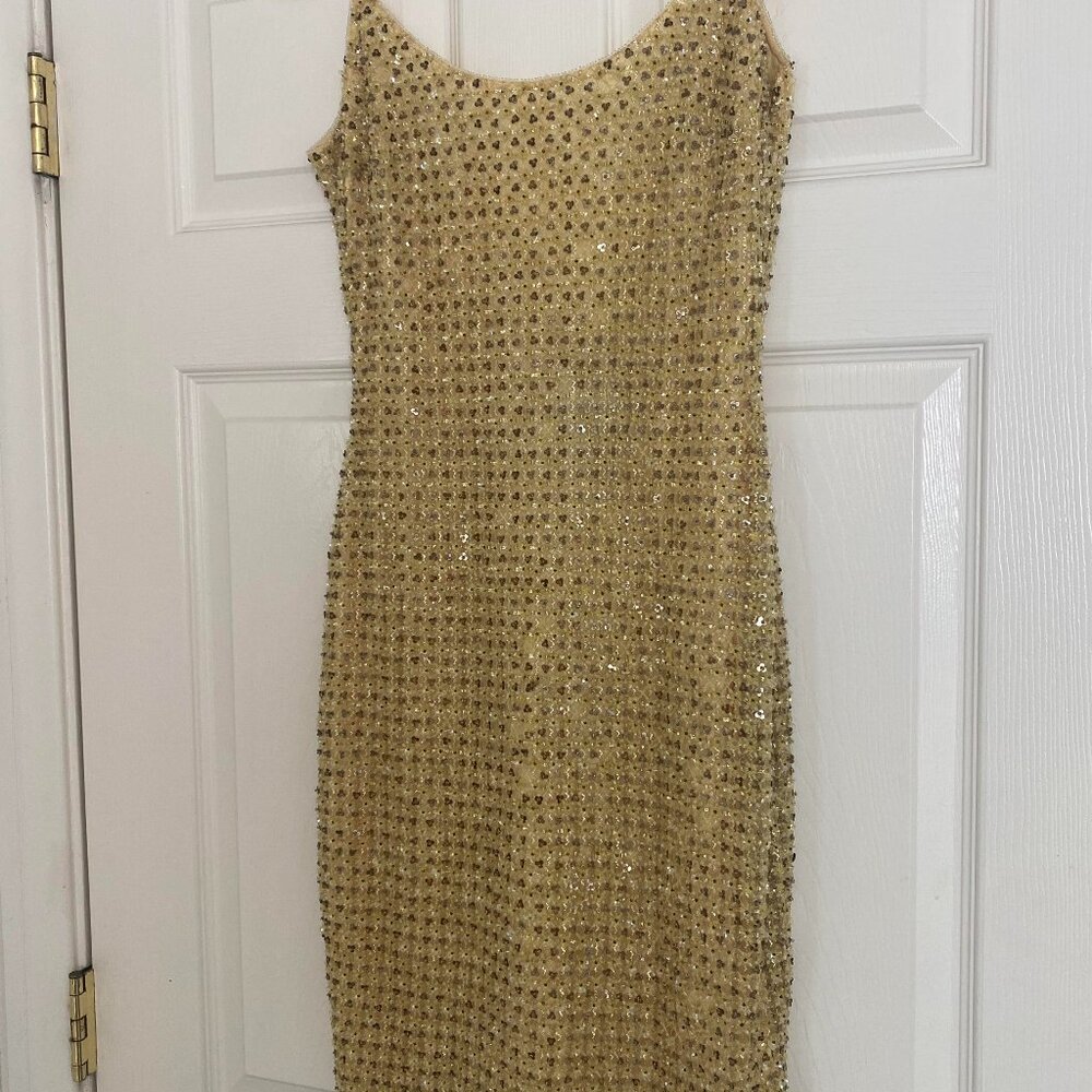 Designer Naeem Khan Gold Sequin Beaded Dress Size 4